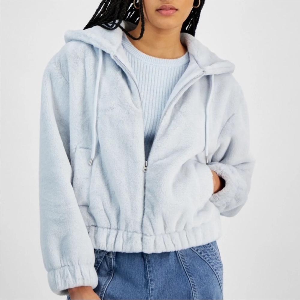NEW Planet Heart Faux Fur‎ Hooded Zip Up Sweatshirt Soft Jacket XS